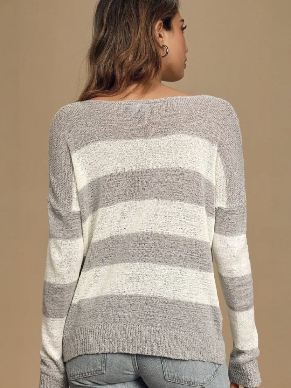 Lulus Little Talks Grey and White Striped Loose Knit Sweater NWT - Picture 4 of 8